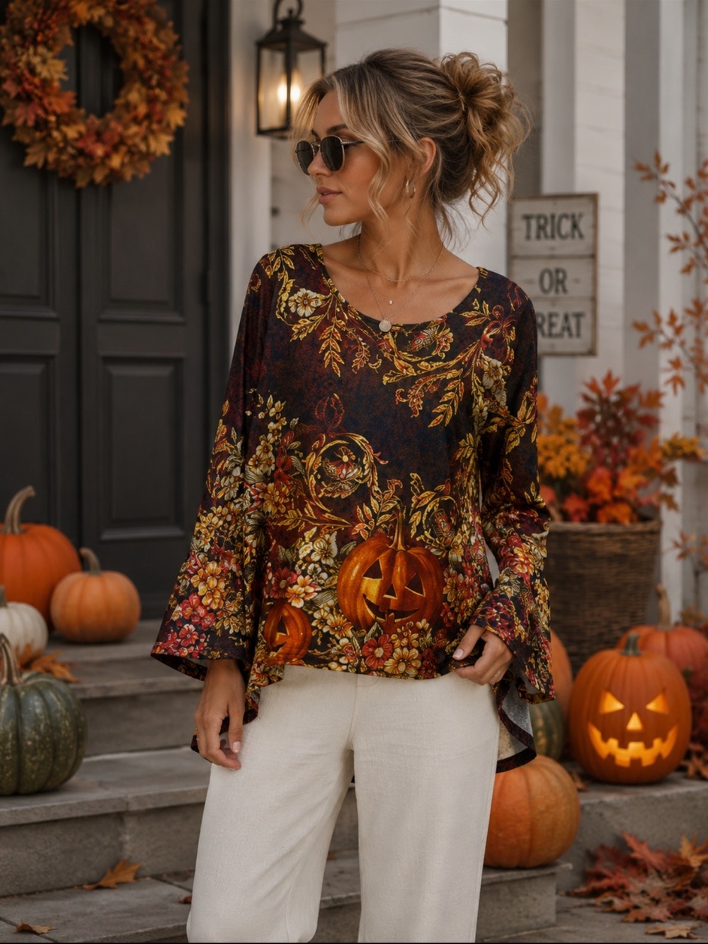 One World - long sleeve top in fall colorss & pumpkin print t - size L